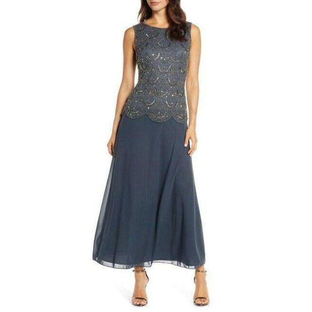 Pisarro Nights Beaded Mock Two-Piece Gown Slate Size 10 $350